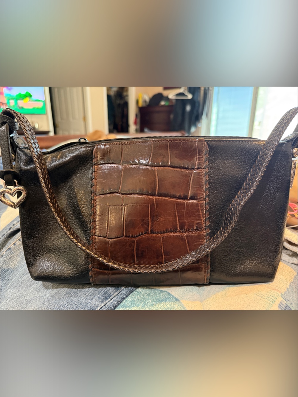 Leather Croc-Accent  Bag - Brown & Black